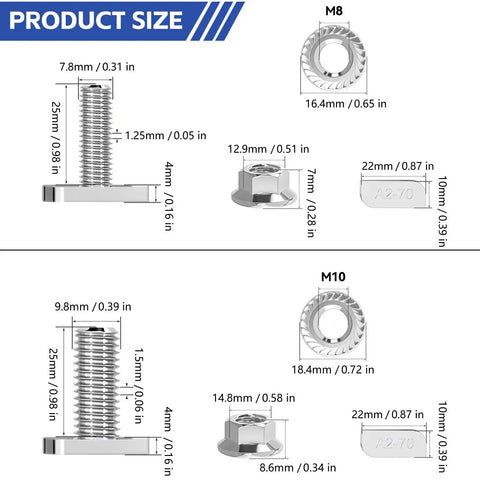 Product size chart for Rock Solid Hammer Head T Bolts For Solar Rail Tracks And Aluminum Profiles With Flange Nuts Rustproof Stainless Steel Fastener Kit For Roofing Projects M8 X 25.