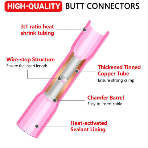 Diagram of 8 Gauge Heat Shrink Butt Connectors Set 20 Pcs Marine Grade Waterproof Yellow Tinned Copper Splice Terminals.