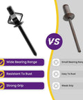 Image comparing black tri-fold exploding rivet with traditional rivet, highlighting features of 100 Pcs Three Sixteenth Inch By One Inch Tri Fold Exploding Rivets All Black Long Tri Grip Aluminum Blind Rivets For Metal Leather Kayak Boat Marine Applications.