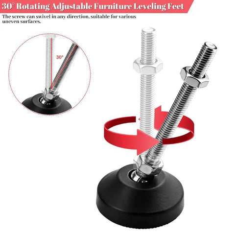 Heavy Duty Adjustable Furniture Levelers With Swivel M8 Thread Feet, Ultra Tough Nylon Base Pads, 30 degree swivel for uneven surfaces.
