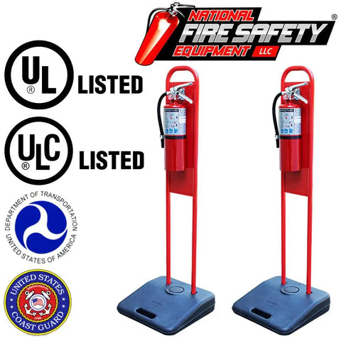 Heavy Duty Fire Extinguisher Stand Base 2 Pack No Sweat Wall Mount Holder for 5 10 20 Lb Canisters showing two red stands with black bases.