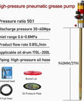 Shop Grade Air Operated Grease Pump For 55 Gallon Drums Includes 16 Ft Tubing with high-pressure specifications and accessories.