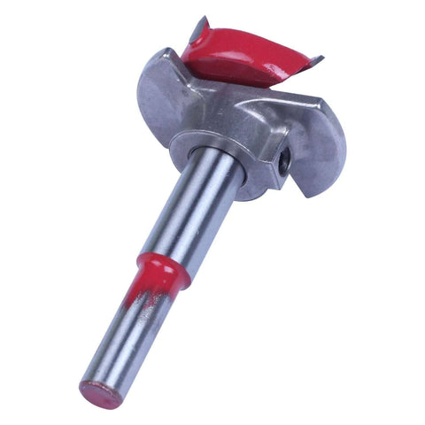 Close-up of hinge boring drill bit for cabinets; silver steel shaft with red cap.