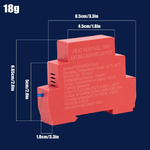 Automatic Fire Extinguisher 18G Aerosol Spray Kit Self Triggering Thermal Sensor Tech dimensions on red casing with specifications.