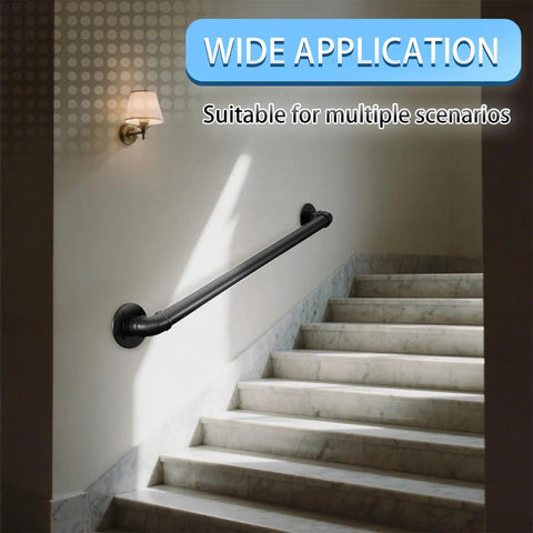 Heavy Duty Industrial Pipe Stair Handrail Black Wall Mount Safety Grab Bar For Indoor Outdoor Steps With Full Mounting Kit installed on stairway wall.