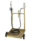 Heavy Duty Workhorse Three To One Air Operated Oil Pump Kit Featuring Digital Meter Gun 13 Foot Hose Mobile Drum Trolley And Pressure Regulator For SAE 240 Transfer In Standard Fifty Five Gallon Drums on mobile trolley with hoses.