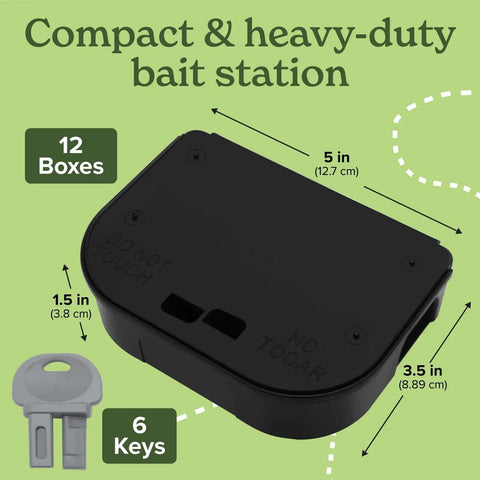 Heavyduty small mouse bait station with secure locks, measuring 5x3.5x1.5 inches, part of a 12 pack bundle for pest control.