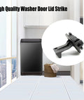 Washer door lid latch replacement; front view with inset close-up of black plastic latch, 2-pack for Maytag/Whirlpool