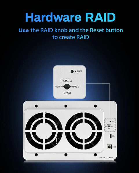 Beast Class Five Bay Diskless External Storage Enclosure control panel with RAID knob and reset button for configurations.