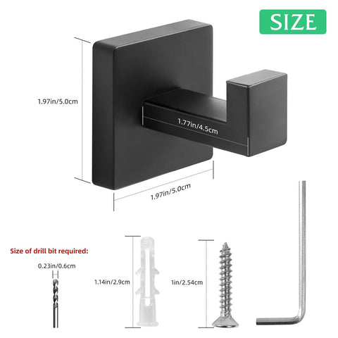 Heavy Duty Stainless Steel Towel Hooks Wall Mounted Square Robe Hooks for Bathroom Kitchen Bedroom and Hotel Matte Black 2 Pack dimensions and mounting hardware