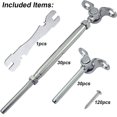 Stainless Steel Cable Railing Kit for 1/8 Inch Cable, 30 Pairs, T316 Marine Grade, showing included items of the kit