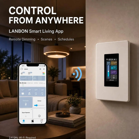 Slick Smart Dimmer Switch With A Nifty LCD Touchscreen And Ultra Smooth 100 Level Brightness Control built into a wall next to a smartphone.