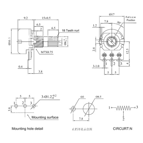 Technical diagram of 10Pcs Potentiometer 1M Ohm Variable Resistors 3 Pin 15mm Shaft Linear Potentiometers