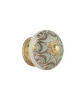Chef Kiss Quality Handcrafted Blue And Gold Ceramic Drawer Knobs For Dressers With Rustic Boho Farmhouse Hardware Vibe Totally Slaps For Your Kitchen Cabinet Decor Upgrade Pack Of 10 detail view of light green and gold ceramic knob