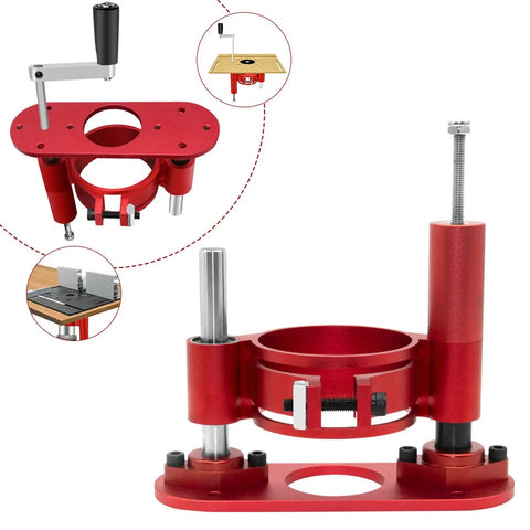 Tough Guy Badass Electric Router Lift Kit with Hefty Aluminum Alloy Table Insert Plate, red, showing height adjustment features.