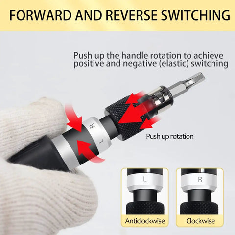 Hand Manual Reversible Impact Driver Set With Extractor And S2 Steel Bits shown switching directions.