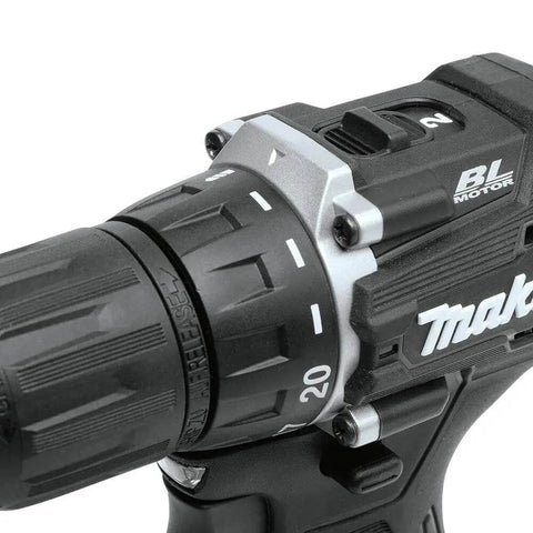 Close-up of Sub Compact Brushless Cordless Drill Driver Kit with a metal chuck and two-speed gears for precision driving.