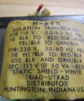 Label of N68X Isolation Transformer For Clean Power Isolation 1500 Vrms 50 VA Seven Lead Terminals Flange Mount showing specifications.