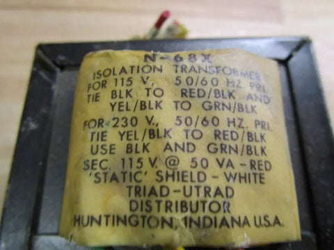 Label of N68X Isolation Transformer For Clean Power Isolation 1500 Vrms 50 VA Seven Lead Terminals Flange Mount showing specifications.