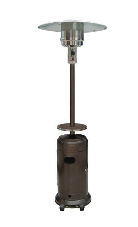 Propane Patio Heater 48,000 BTU Outdoors with open door design and adjustable table, hammered bronze finish, single pole, weight bladder