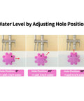 Hot Pink Silicone Bathtub Overflow Drain Cover For A Deeper Soak shown in three water level positions