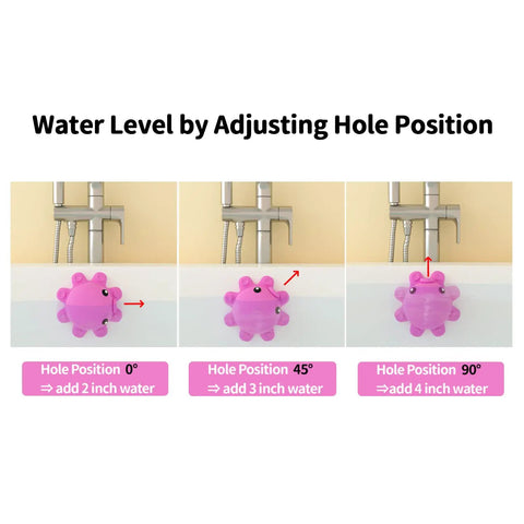 Hot Pink Silicone Bathtub Overflow Drain Cover For A Deeper Soak shown in three water level positions