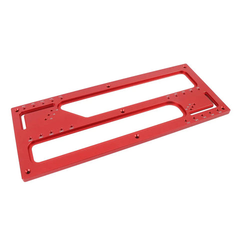 Zero Mess Cabinet Door Flush Mount Template Aluminum Alloy Slotting Guide Set Includes Semi Circular Router Bit For Dead Nuts Accurate Woodworking Projects in red.