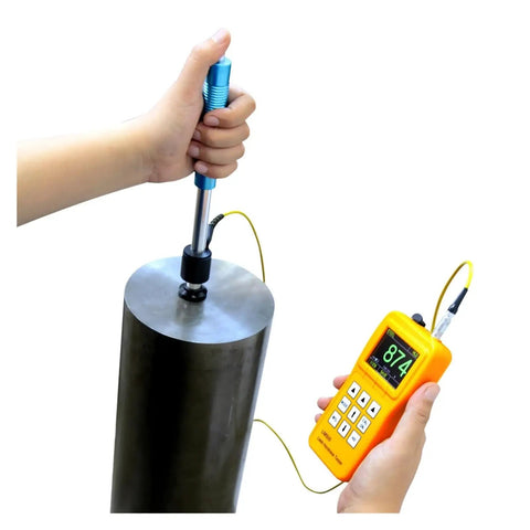 Dead Accurate Leeb Metal Hardness Tester With D Impact Device And Calibration Block For Steel Iron And Bronze in use on metal cylinder.