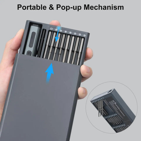 Hand holding the Badass Mini Electric Screwdriver Set with 70 Precision Bits and pop-up mechanism for easy access.