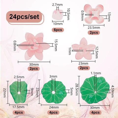 Dope Lotus Acrylic Beads Set, 24 Pieces In 7 Styles, 10-30mm flower and leaf beads for jewelry making, shown with size dimensions