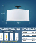 Dope Off White Fabric Drum Shade Ceiling Light With PS Diffuser, Semi Flush Mount Black Frame, 18 Inch Diameter, Dimmable