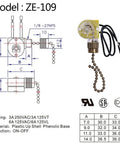 Zing Ear ZE 109 Two Wire Pull Chain Ceiling Fan Light Switch Replacement, bronze, diagram and specs, CSA UL certified