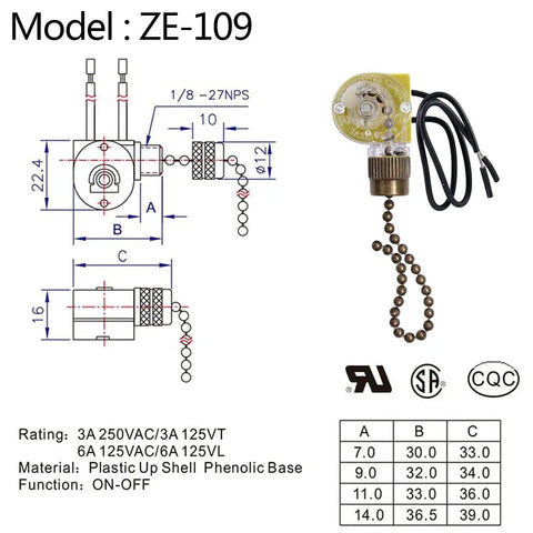 Zing Ear ZE 109 Two Wire Pull Chain Ceiling Fan Light Switch Replacement, bronze, diagram and specs, CSA UL certified