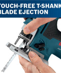 Hands using quick blade ejection on Top Handle Jig Saw With 7 Amp Motor, 3100 SPM, 45 Degree Bevel Cuts, JS470E.