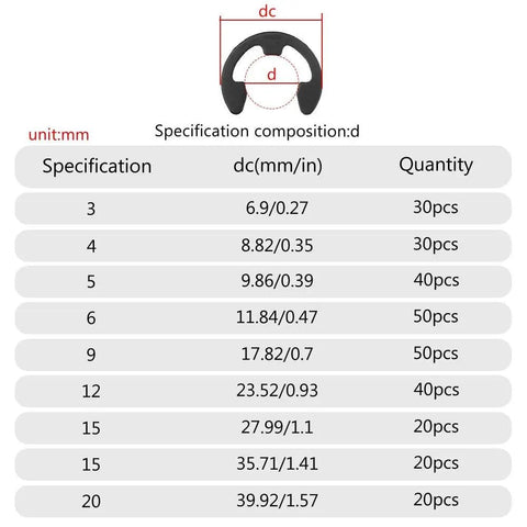 Table showing specifications of Pro Grade 300 Piece External Retaining Ring Kit in nine sizes from 3 mm to 22 mm.