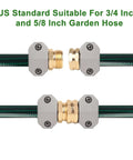 Garden Hose Repair Kit 3 Sets Aluminum Male And Female Fittings With Zinc Clamps And Red Rubber Washers For Three Quarter Inch And Five Eighth Inch Hoses shown connected to green hose