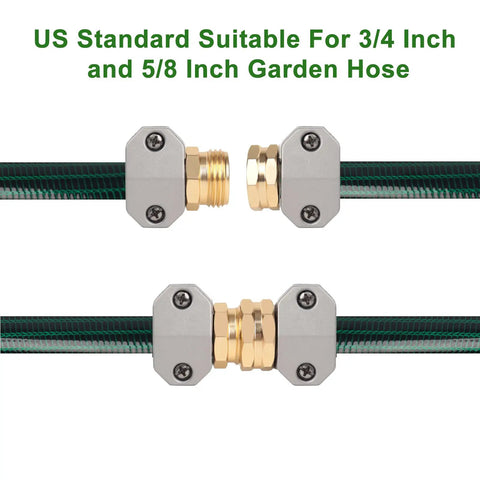 Garden Hose Repair Kit 3 Sets Aluminum Male And Female Fittings With Zinc Clamps And Red Rubber Washers For Three Quarter Inch And Five Eighth Inch Hoses shown connected to green hose