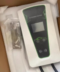 Wall Mounted EV Charger Station Smart 7Kw Single Phase Adjustable 8 To 32Amps Wifi Bluetooth Rfid Enabled 5Meter Tethered Cord IP65 Waterproof Lcd Display, shown in packaging.