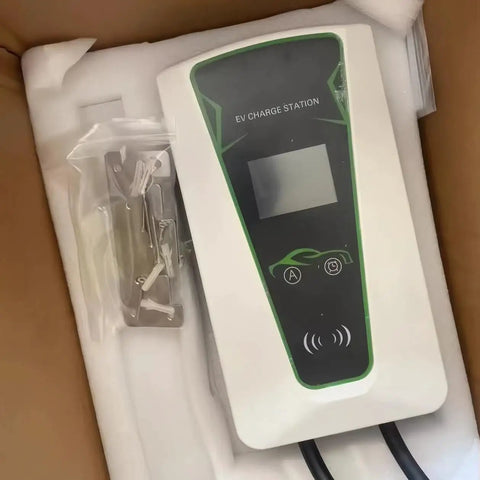 Wall Mounted EV Charger Station Smart 7Kw Single Phase Adjustable 8 To 32Amps Wifi Bluetooth Rfid Enabled 5Meter Tethered Cord IP65 Waterproof Lcd Display, shown in packaging.