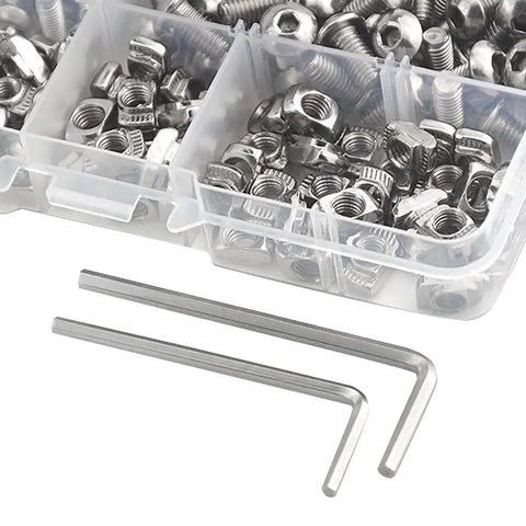 Pro Grade Hammer Head T Slot Nuts And Drop In T Nut Assortment Kit With M4 M5 Fasteners Nickel Plated Carbon Steel hardware and dual allen wrenches.