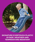 Child sliding on slide from Tot Friendly Outdoor Kids Playset With Two Tier Swing Set, made of fade-resistant Evertough plastic.