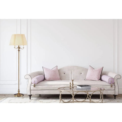 Antique Brass Floor Lamp With Six Way Torchiere, 150 Watt Power, 59 Inch Tall Iron Hammered Base next to a sofa in a living room.