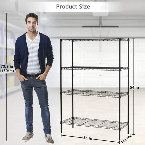 Adjustable Heavy Duty Wire Shelving With Four Solid Levels, Sweet Garage Storage Room Game Changer, No Sweat Snap Together Build, Supports Two Hundred Fifty Pounds Per Tier, Thirty Six By Fourteen By Fifty Four Black Finish