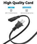 2 Prong Polarized AC Power Cord Replacement For HDTVs And Audio Gear, 6.5 Ft Long, black cord with reinforced jacket, front view