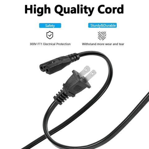 2 Prong Polarized AC Power Cord Replacement For HDTVs And Audio Gear, 6.5 Ft Long, black cord with reinforced jacket, front view