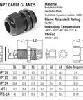 Diagram and specifications of 1-1/4 Inch NPT Nylon Cable Gland IP68 Waterproof Strain Relief Connector with measurements and material details.