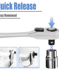 Mini 72-Tooth One Quarter Inch Ratchet Wrench With Dual Head Hex Bit Holder and Quick Release, close-up view of removal feature.