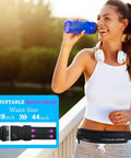 Woman wearing Slim Running Belt For Women And Men, No Bounce Fanny Pack Phone Holder, Lightweight 2oz waistband, drinking water.