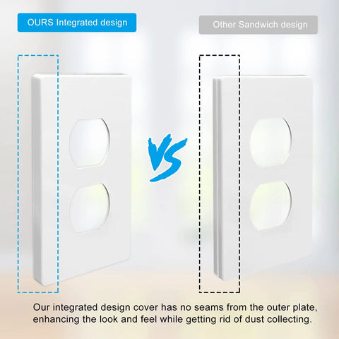 Comparison of Dope Screwless 1 Gang Decorator Wall Plate White Faceplate Cover and sandwich design, showing integration benefits.