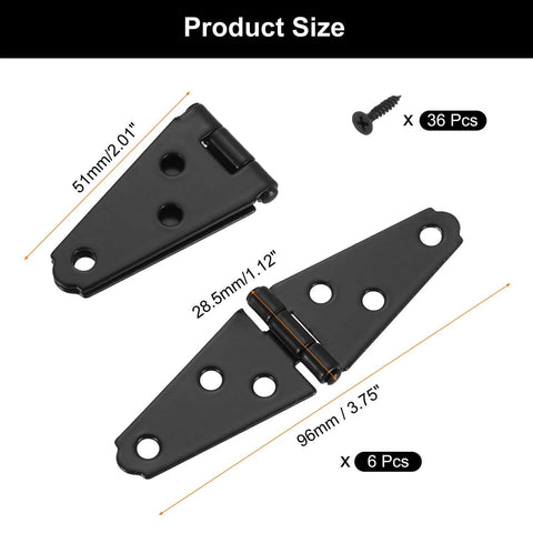 Six Pack Strap Hinges Set, 2 Inch Heavy Duty Shed Door Hinges with Screws, Black Durable Iron, product size details with screws